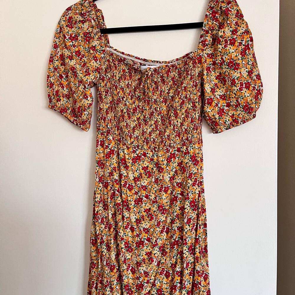 Faithfull the Brand Brown and Orange Smocked Puff Sleeve Mini Dress